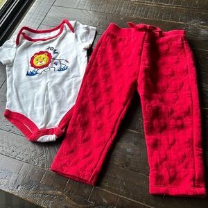 12 to 18 month onesie and heart, red pants, H&M and Fisher Price